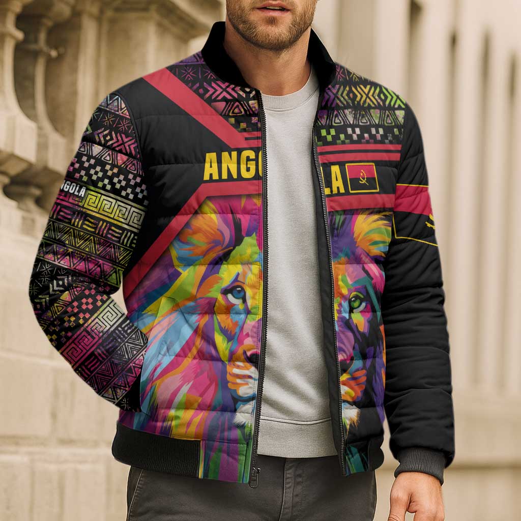 Angola Bomber Puffer Jacket with Multicolor Tribal Design and Vibrant Lion - Wonder Print Shop