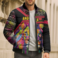 Angola Bomber Puffer Jacket with Multicolor Tribal Design and Vibrant Lion - Wonder Print Shop