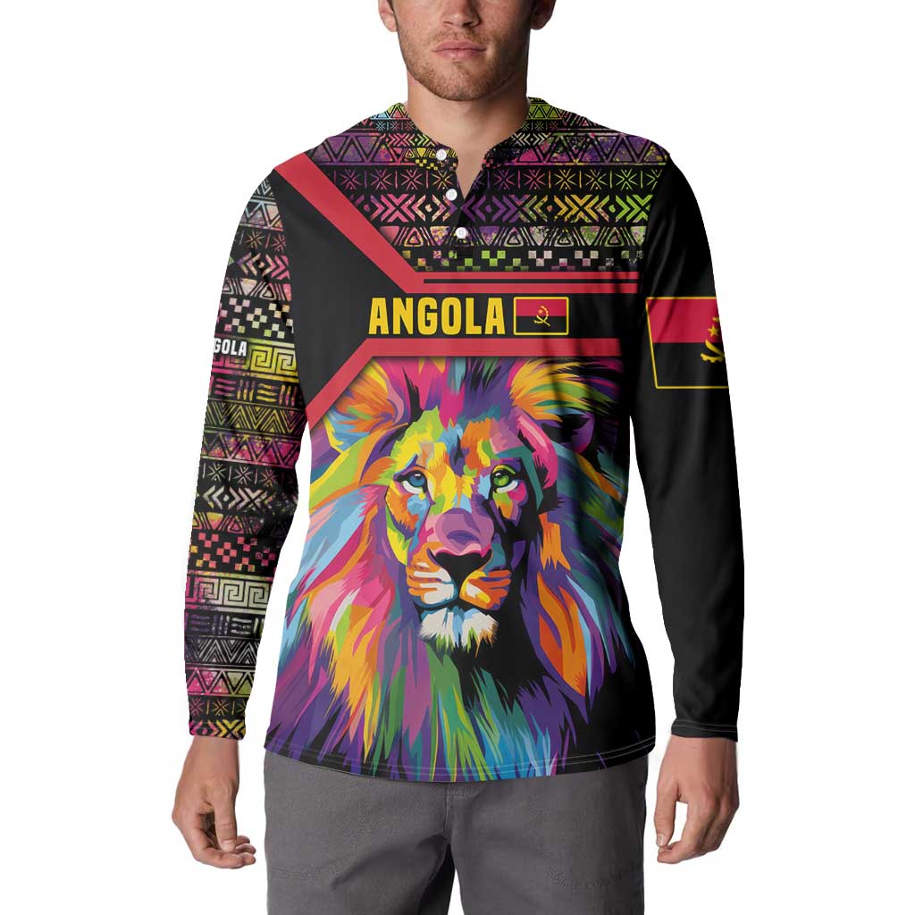 Angola Button Sweatshirt with Multicolor Tribal Design and Vibrant Lion - Wonder Print Shop