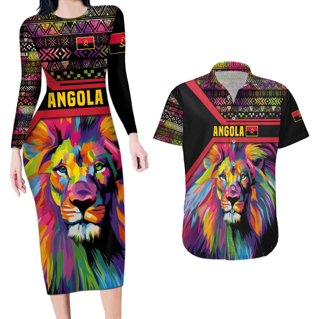 Angola Couples Matching Long Sleeve Bodycon Dress and Hawaiian Shirt with Multicolor Tribal Design and Vibrant Lion - Wonder Print Shop
