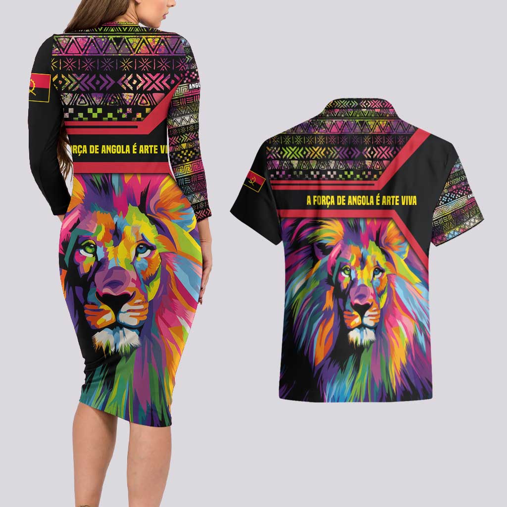 Angola Couples Matching Long Sleeve Bodycon Dress and Hawaiian Shirt with Multicolor Tribal Design and Vibrant Lion - Wonder Print Shop