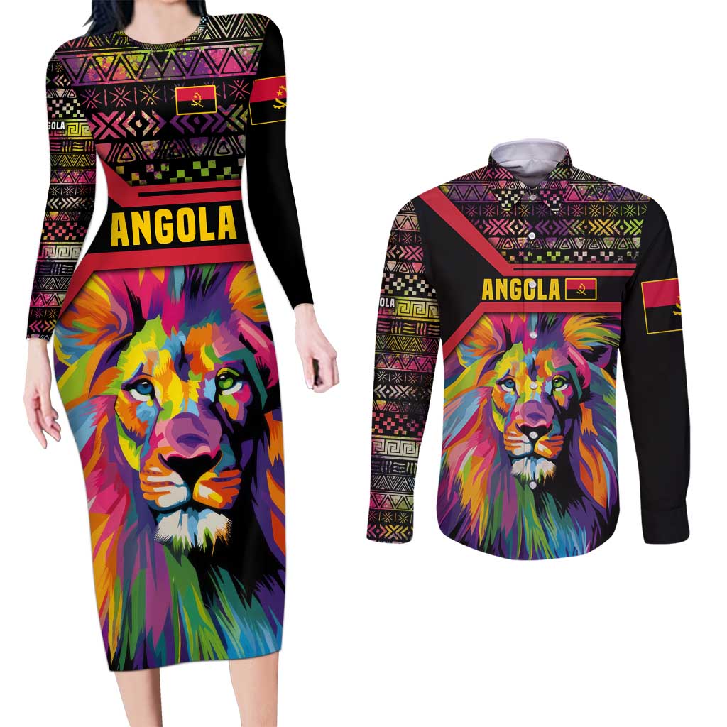 Angola Couples Matching Long Sleeve Bodycon Dress and Long Sleeve Button Shirt with Multicolor Tribal Design and Vibrant Lion - Wonder Print Shop