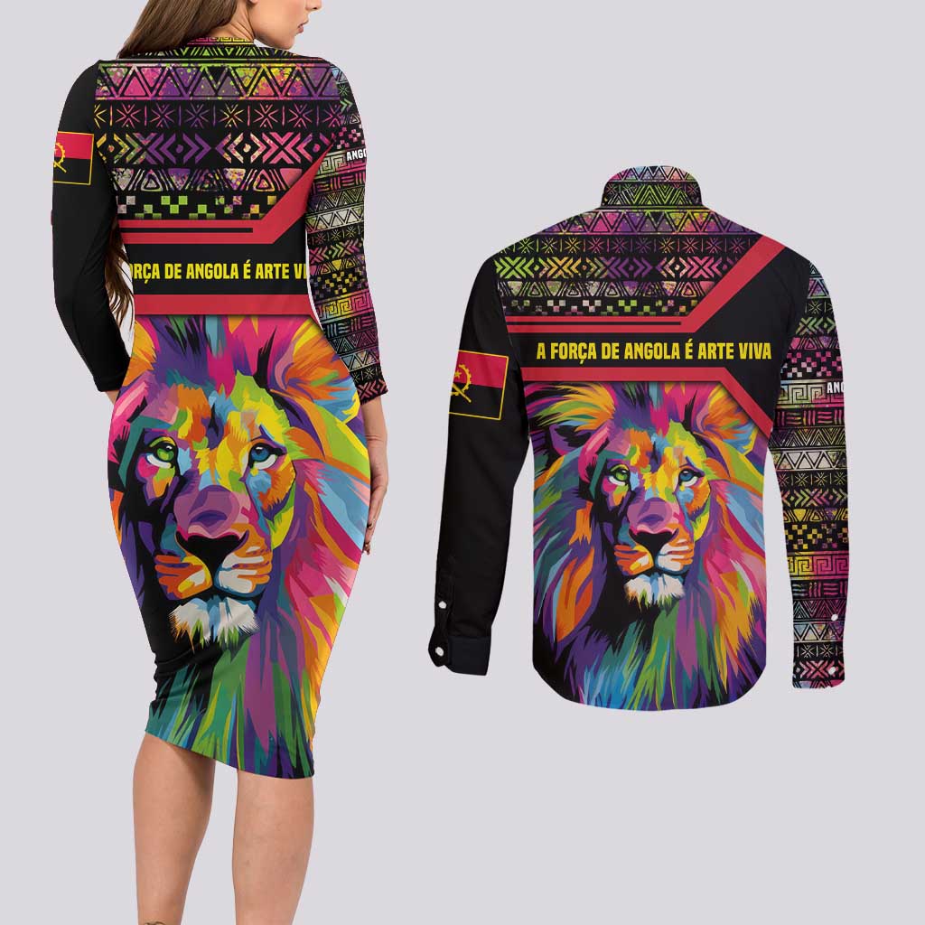 Angola Couples Matching Long Sleeve Bodycon Dress and Long Sleeve Button Shirt with Multicolor Tribal Design and Vibrant Lion - Wonder Print Shop