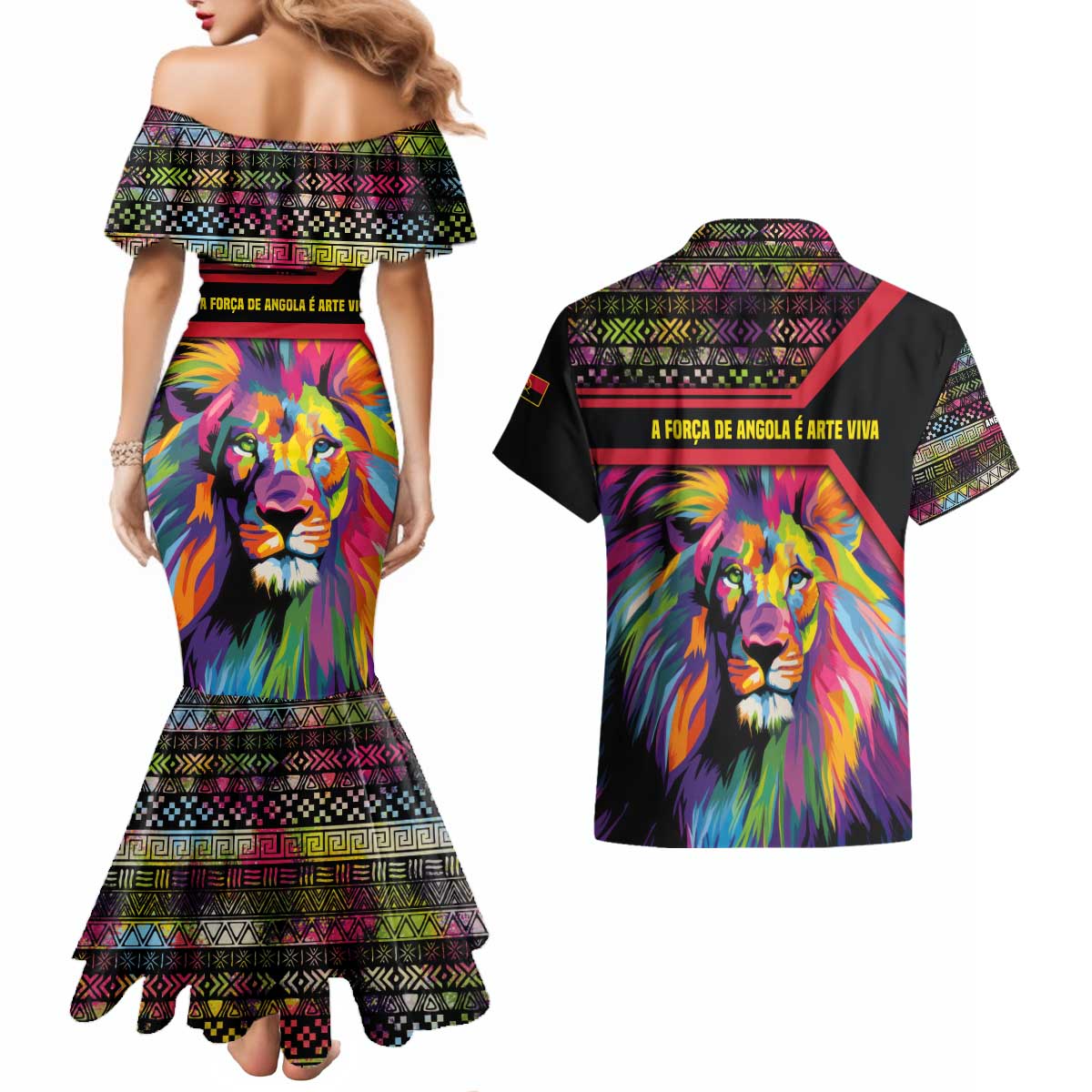 Angola Couples Matching Mermaid Dress and Hawaiian Shirt with Multicolor Tribal Design and Vibrant Lion - Wonder Print Shop