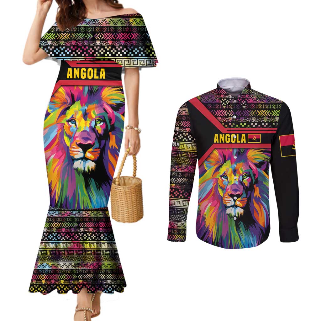 Angola Couples Matching Mermaid Dress and Long Sleeve Button Shirt with Multicolor Tribal Design and Vibrant Lion - Wonder Print Shop