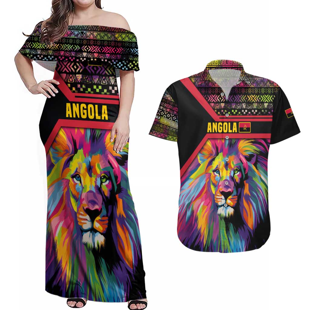 Angola Couples Matching Off Shoulder Maxi Dress and Hawaiian Shirt with Multicolor Tribal Design and Vibrant Lion - Wonder Print Shop