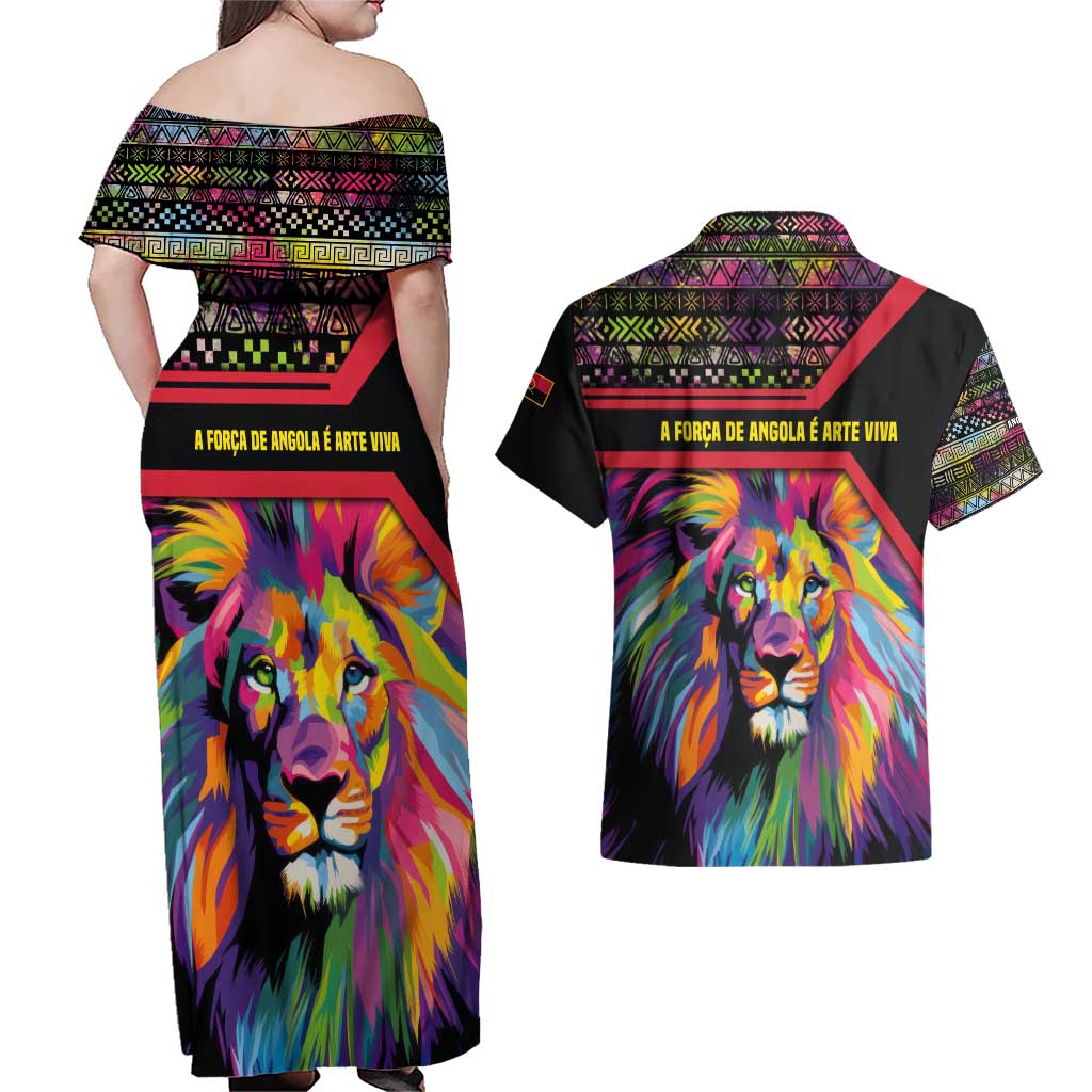 Angola Couples Matching Off Shoulder Maxi Dress and Hawaiian Shirt with Multicolor Tribal Design and Vibrant Lion - Wonder Print Shop