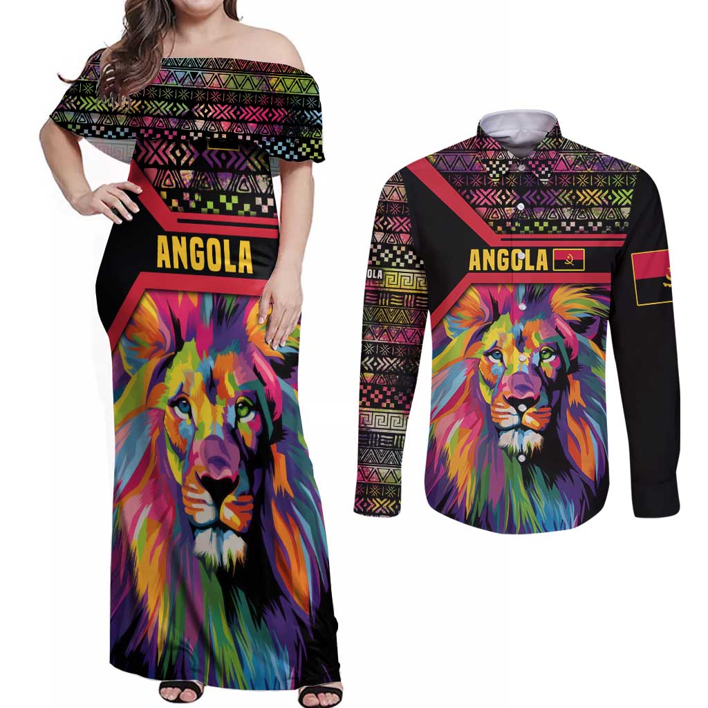 Angola Couples Matching Off Shoulder Maxi Dress and Long Sleeve Button Shirt with Multicolor Tribal Design and Vibrant Lion - Wonder Print Shop