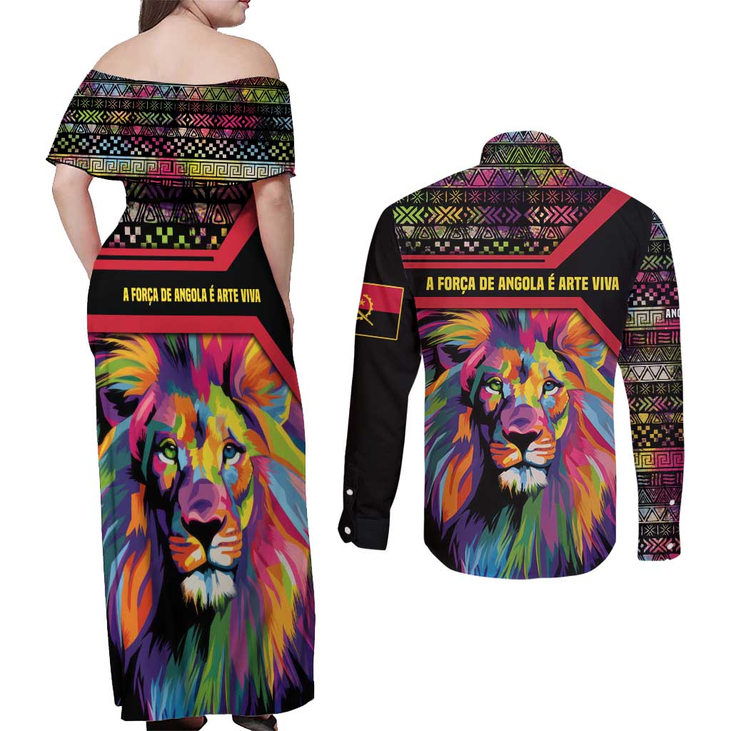 Angola Couples Matching Off Shoulder Maxi Dress and Long Sleeve Button Shirt with Multicolor Tribal Design and Vibrant Lion - Wonder Print Shop
