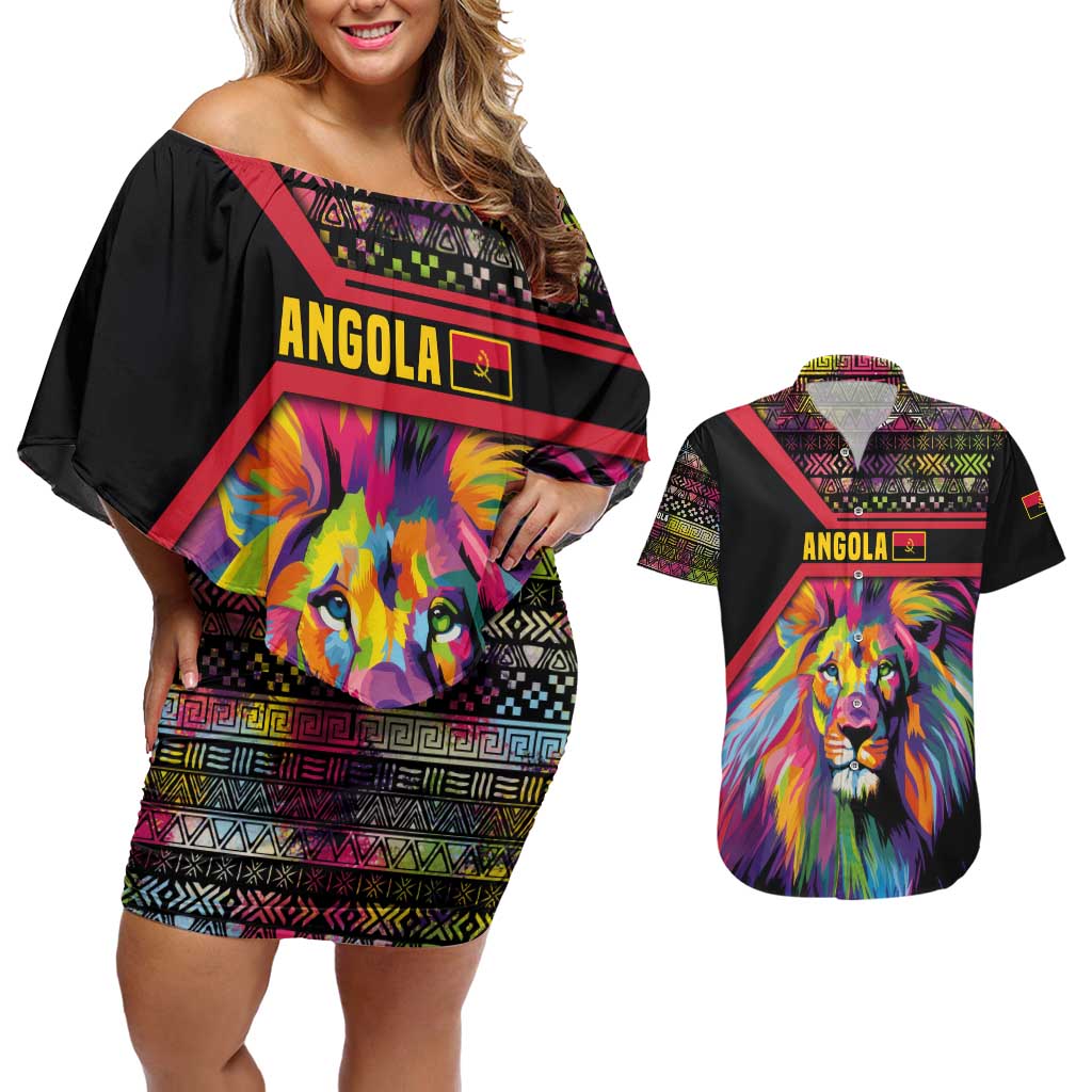 Angola Couples Matching Off Shoulder Short Dress and Hawaiian Shirt with Multicolor Tribal Design and Vibrant Lion - Wonder Print Shop