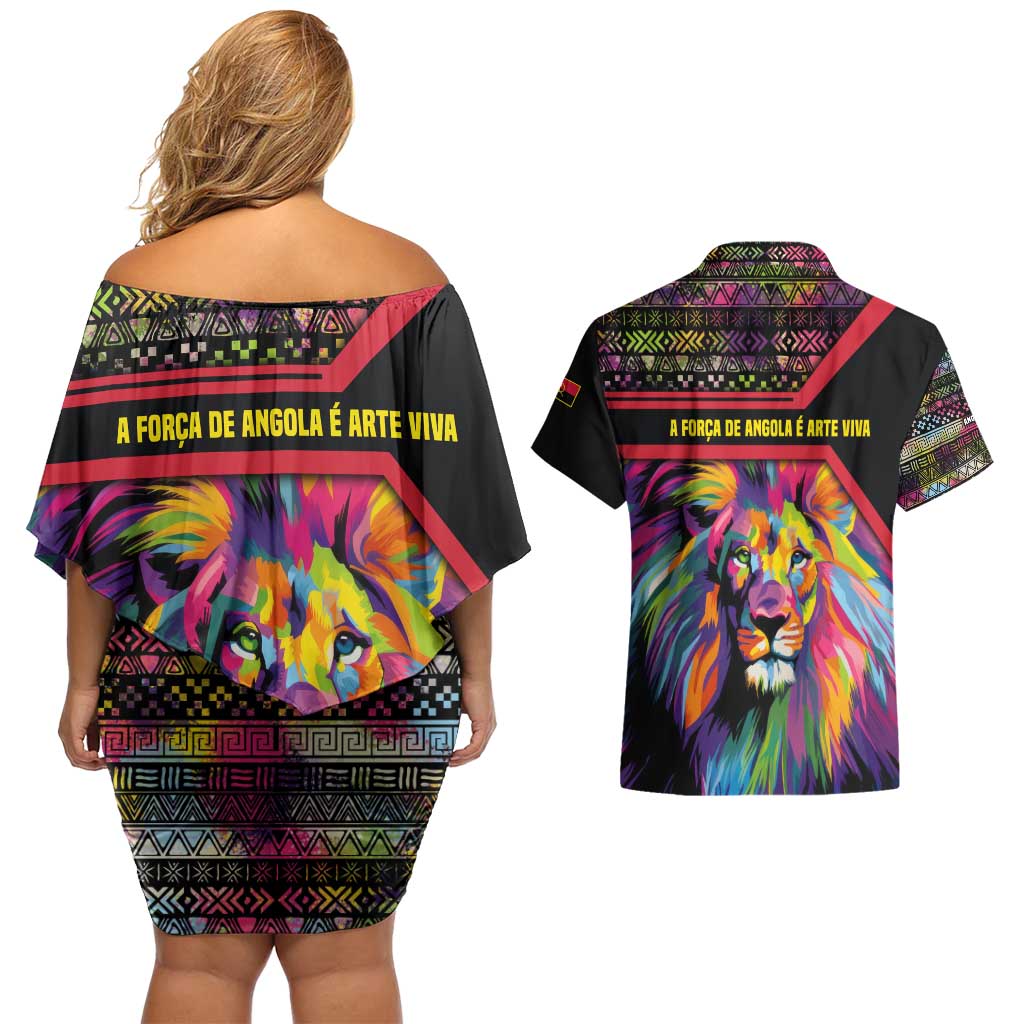 Angola Couples Matching Off Shoulder Short Dress and Hawaiian Shirt with Multicolor Tribal Design and Vibrant Lion - Wonder Print Shop