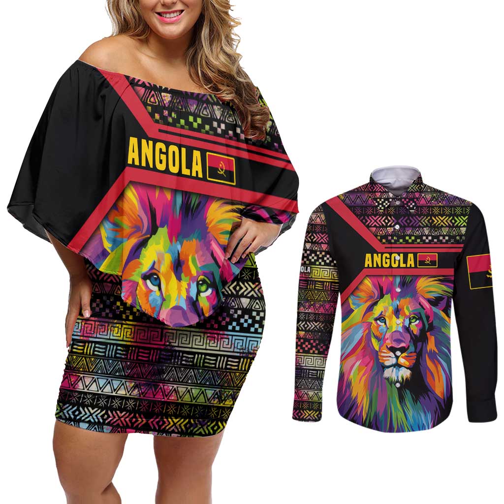 Angola Couples Matching Off Shoulder Short Dress and Long Sleeve Button Shirt with Multicolor Tribal Design and Vibrant Lion - Wonder Print Shop