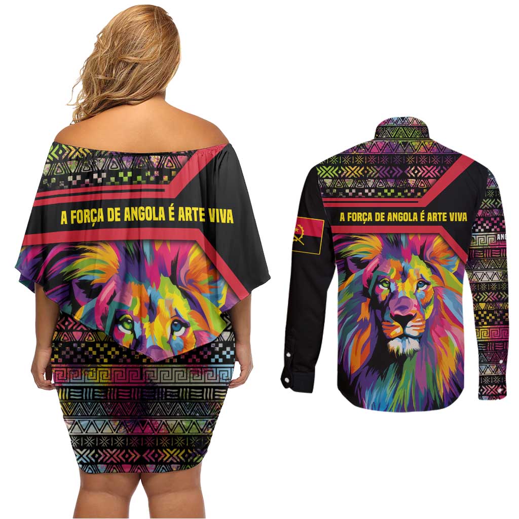 Angola Couples Matching Off Shoulder Short Dress and Long Sleeve Button Shirt with Multicolor Tribal Design and Vibrant Lion - Wonder Print Shop