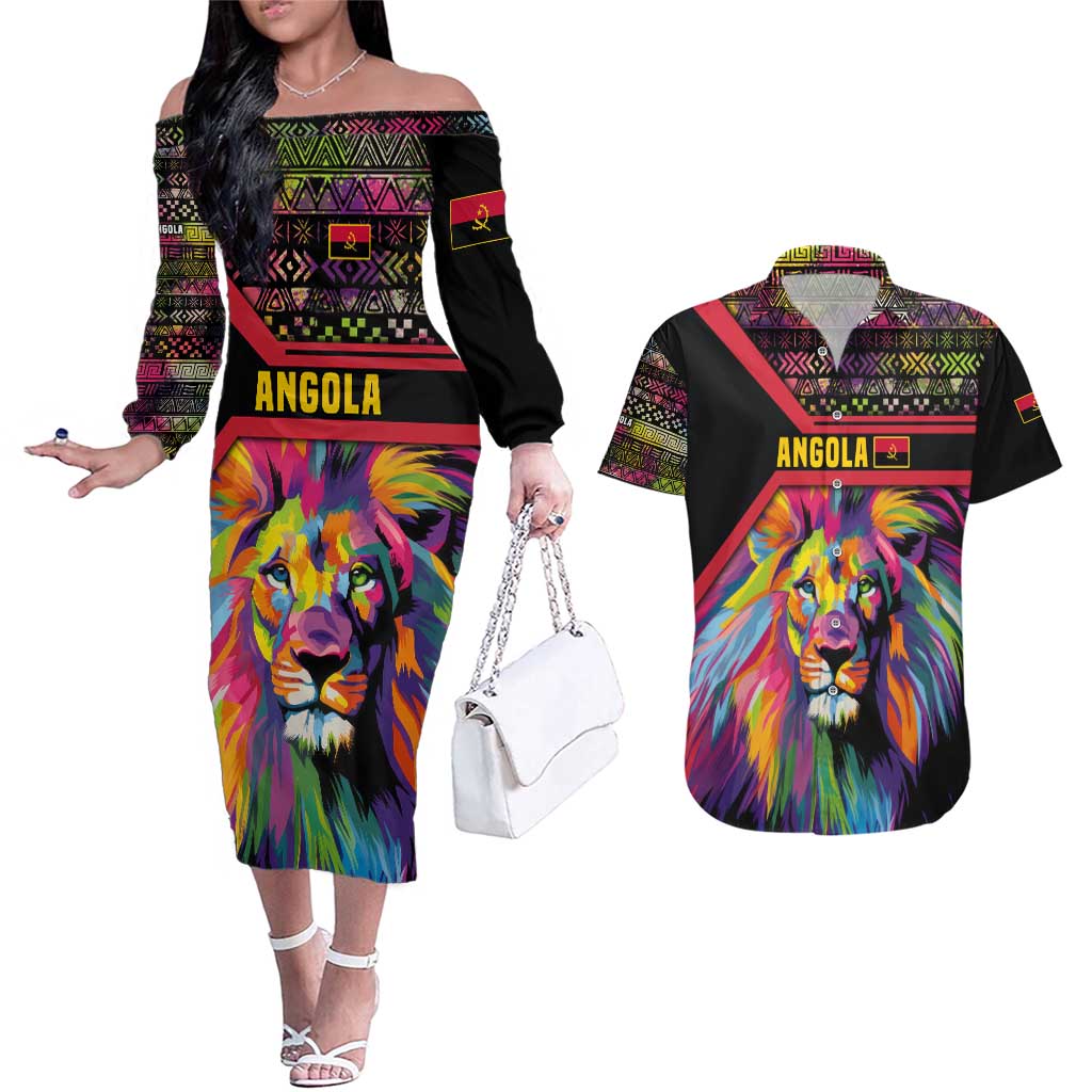 Angola Couples Matching Off The Shoulder Long Sleeve Dress and Hawaiian Shirt with Multicolor Tribal Design and Vibrant Lion - Wonder Print Shop