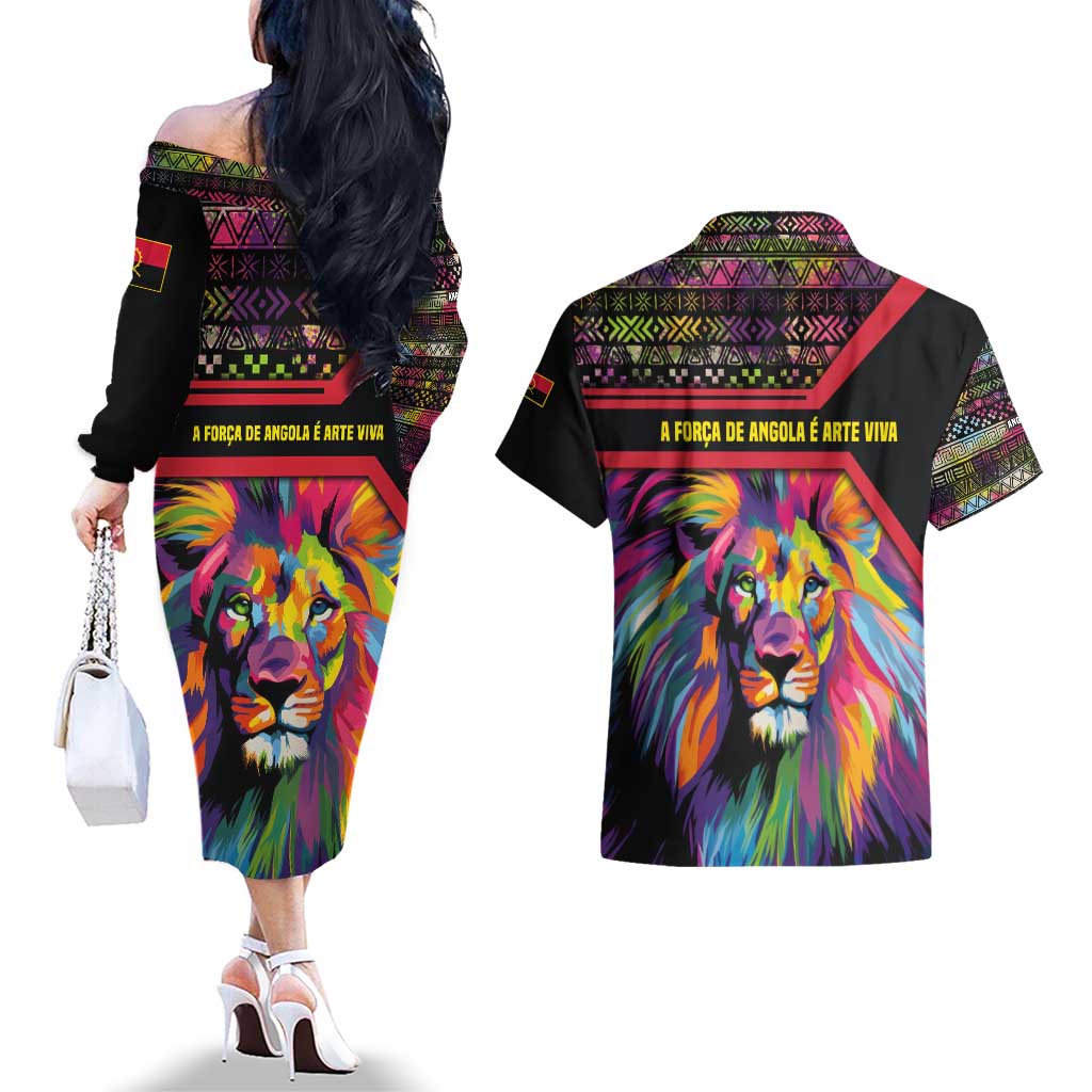 Angola Couples Matching Off The Shoulder Long Sleeve Dress and Hawaiian Shirt with Multicolor Tribal Design and Vibrant Lion - Wonder Print Shop