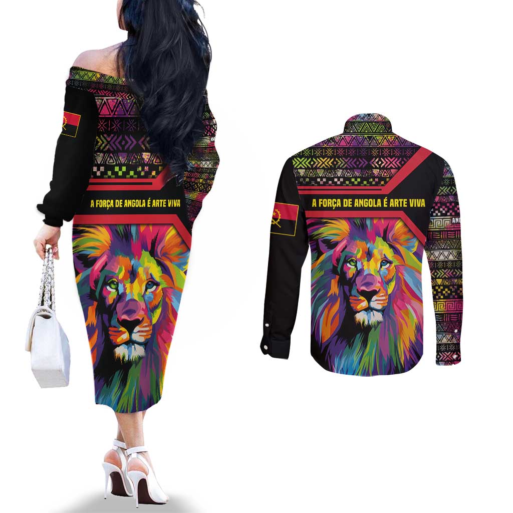 Angola Couples Matching Off The Shoulder Long Sleeve Dress and Long Sleeve Button Shirt with Multicolor Tribal Design and Vibrant Lion - Wonder Print Shop