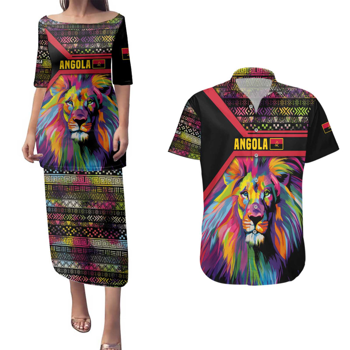 Angola Couples Matching Puletasi and Hawaiian Shirt with Multicolor Tribal Design and Vibrant Lion - Wonder Print Shop