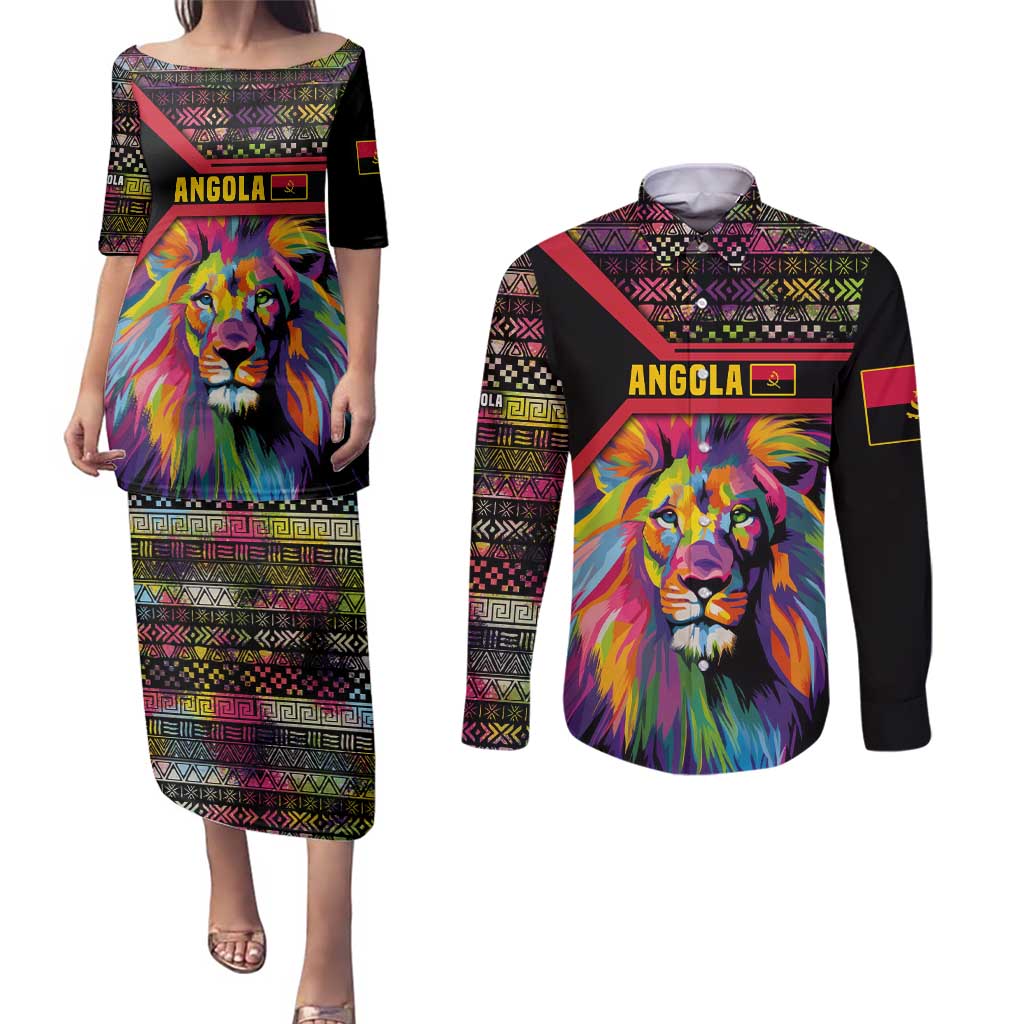 Angola Couples Matching Puletasi and Long Sleeve Button Shirt with Multicolor Tribal Design and Vibrant Lion - Wonder Print Shop