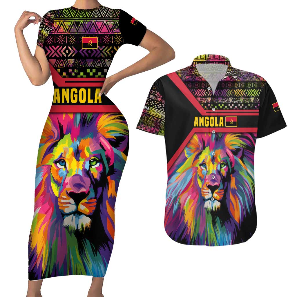 Angola Couples Matching Short Sleeve Bodycon Dress and Hawaiian Shirt with Multicolor Tribal Design and Vibrant Lion - Wonder Print Shop
