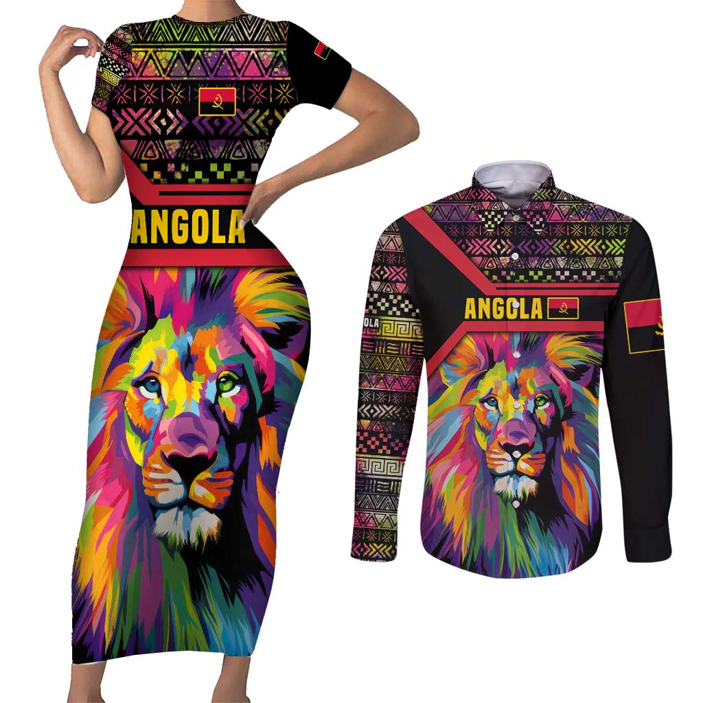 Angola Couples Matching Short Sleeve Bodycon Dress and Long Sleeve Button Shirt with Multicolor Tribal Design and Vibrant Lion - Wonder Print Shop