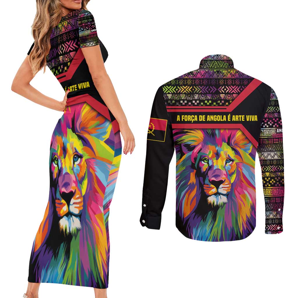 Angola Couples Matching Short Sleeve Bodycon Dress and Long Sleeve Button Shirt with Multicolor Tribal Design and Vibrant Lion - Wonder Print Shop