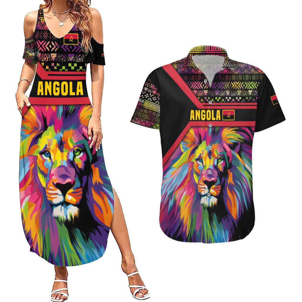 Angola Couples Matching Summer Maxi Dress and Hawaiian Shirt with Multicolor Tribal Design and Vibrant Lion - Wonder Print Shop