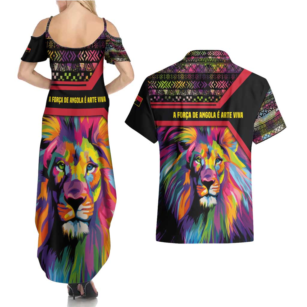 Angola Couples Matching Summer Maxi Dress and Hawaiian Shirt with Multicolor Tribal Design and Vibrant Lion - Wonder Print Shop