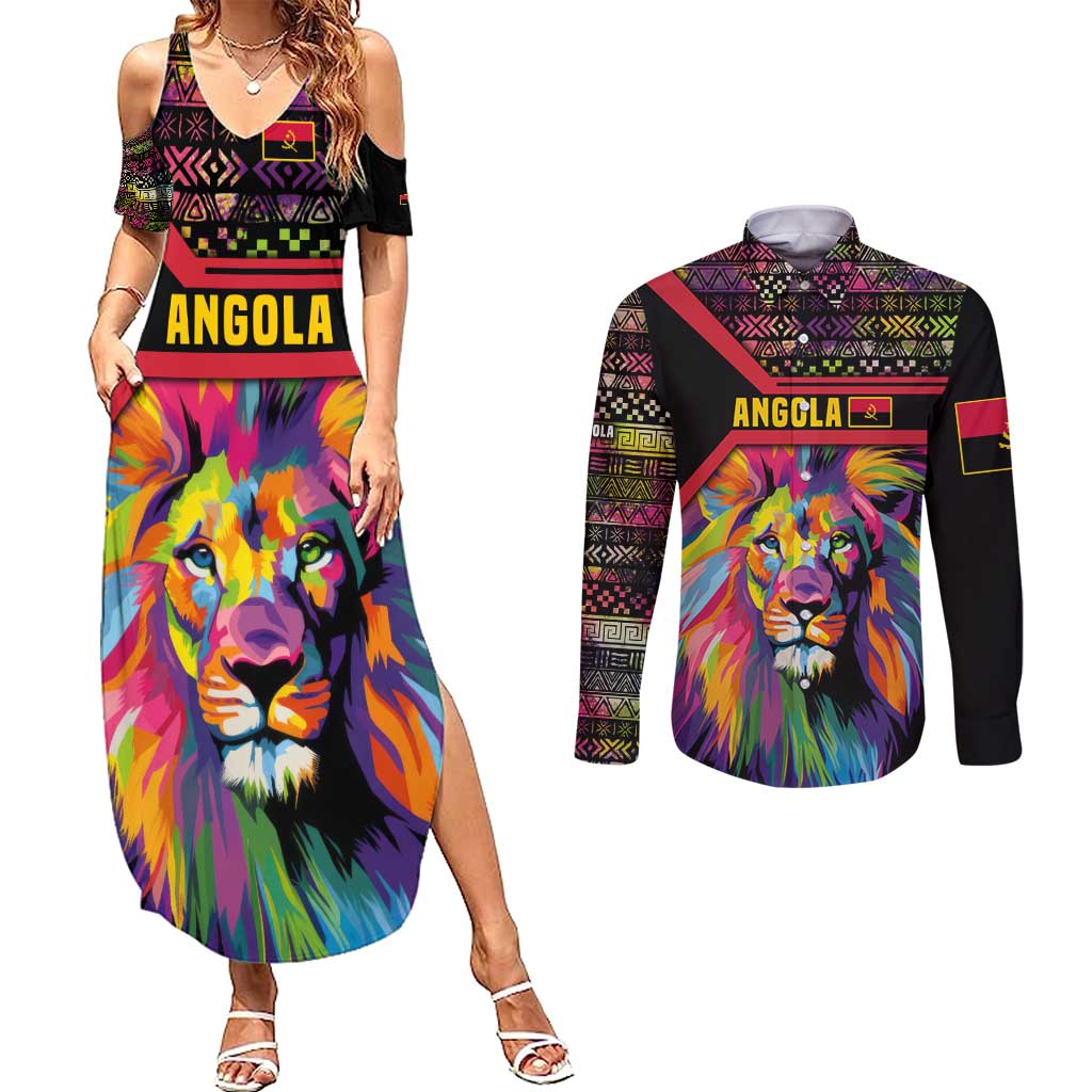 Angola Couples Matching Summer Maxi Dress and Long Sleeve Button Shirt with Multicolor Tribal Design and Vibrant Lion - Wonder Print Shop