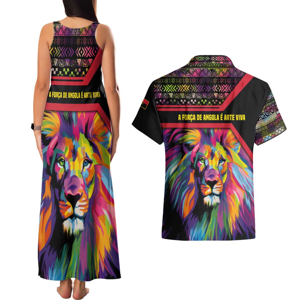 Angola Couples Matching Tank Maxi Dress and Hawaiian Shirt with Multicolor Tribal Design and Vibrant Lion - Wonder Print Shop