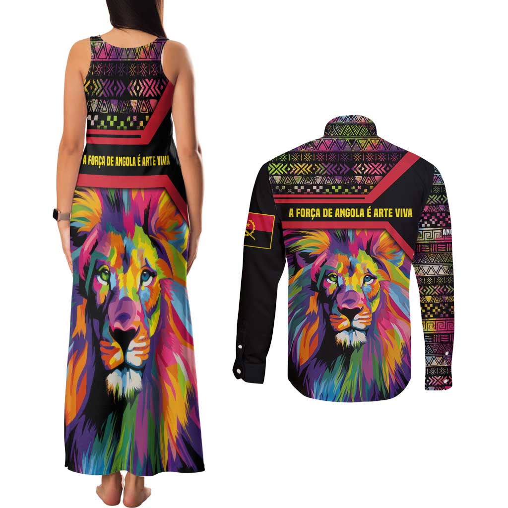 Angola Couples Matching Tank Maxi Dress and Long Sleeve Button Shirt with Multicolor Tribal Design and Vibrant Lion - Wonder Print Shop