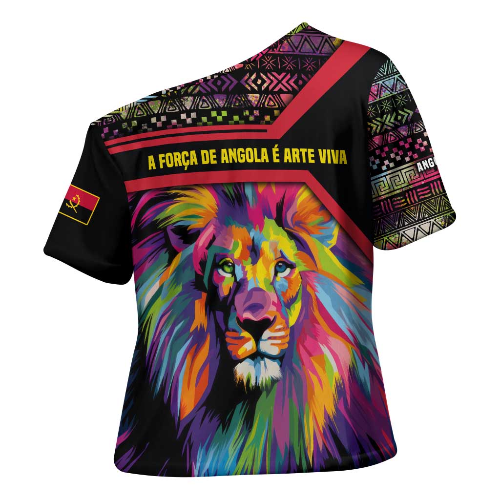Angola Cross Shoulder Shirt with Multicolor Tribal Design and Vibrant Lion - Wonder Print Shop