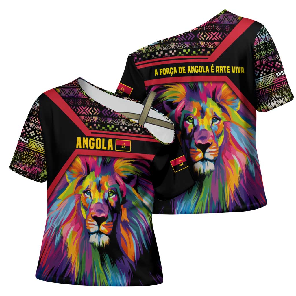 Angola Cross Shoulder Shirt with Multicolor Tribal Design and Vibrant Lion - Wonder Print Shop