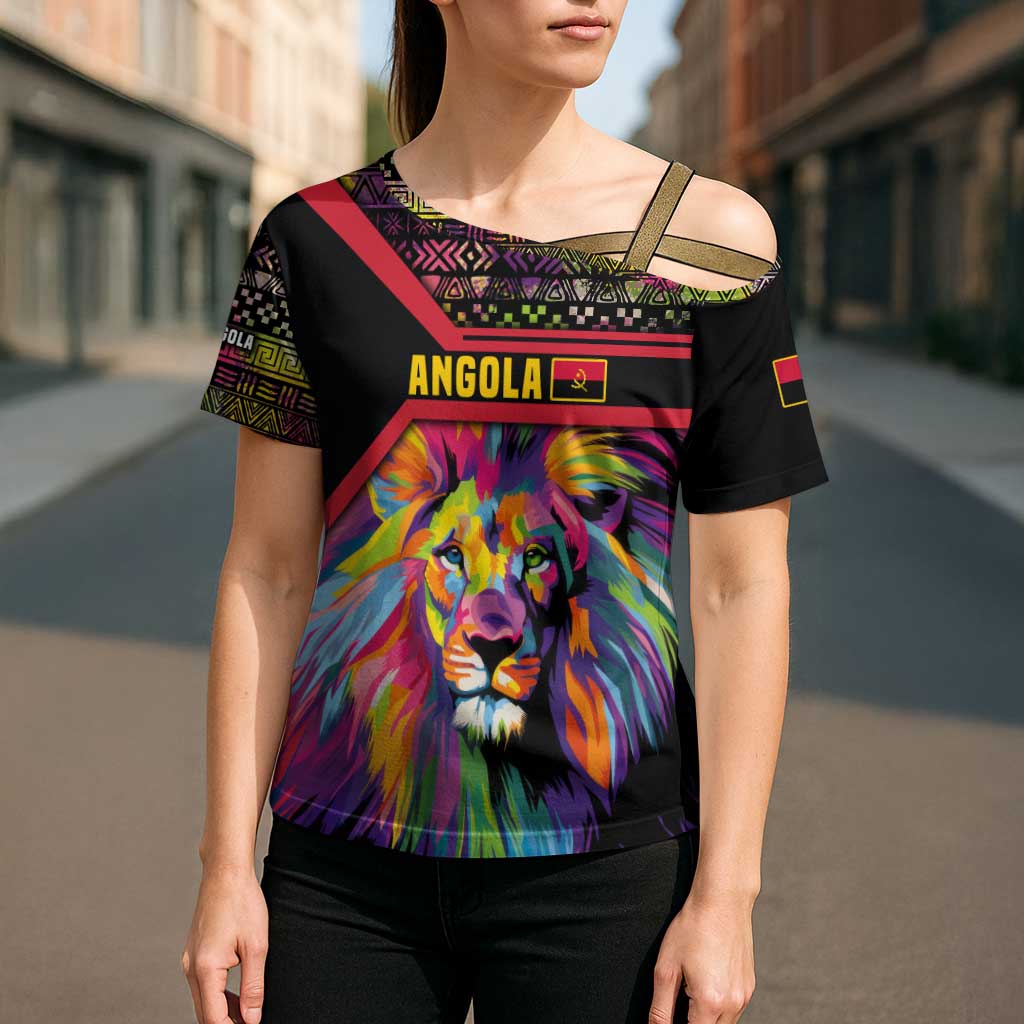 Angola Cross Shoulder Shirt with Multicolor Tribal Design and Vibrant Lion - Wonder Print Shop