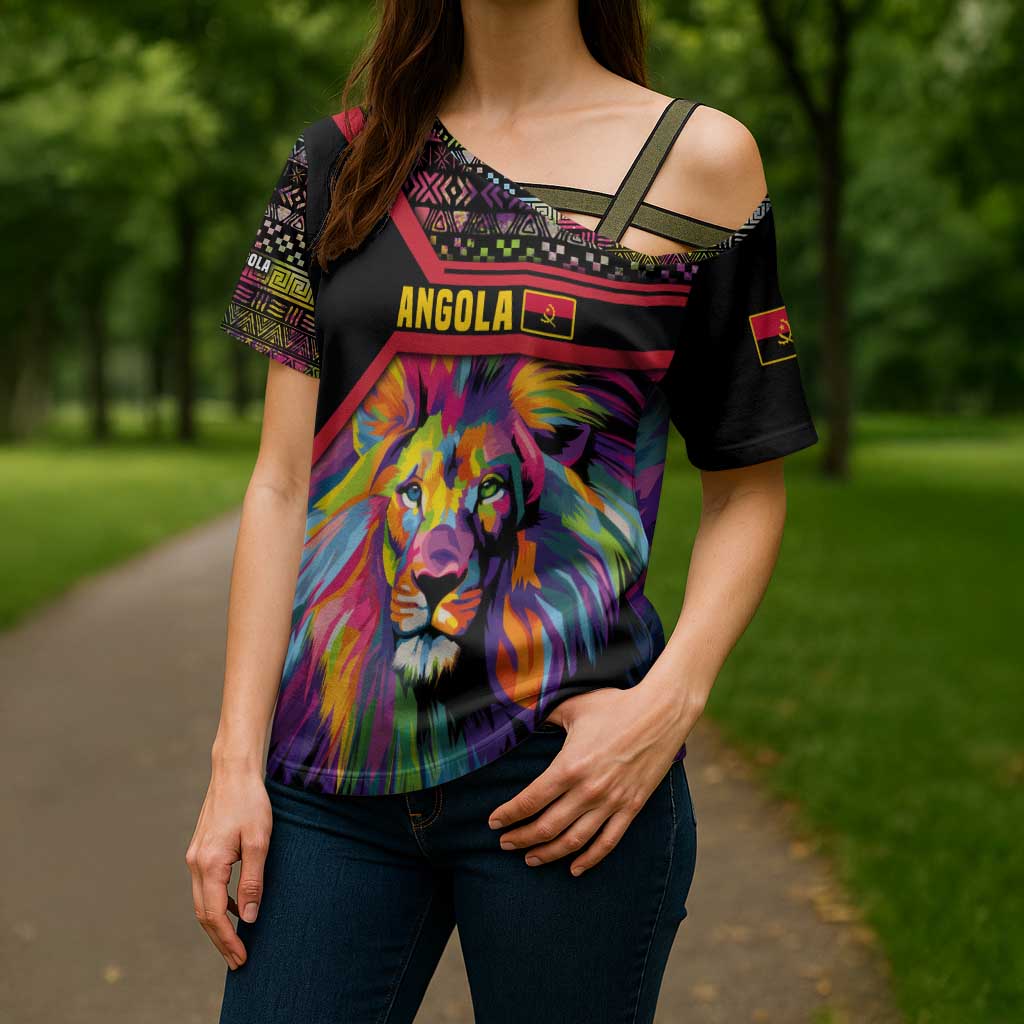 Angola Cross Shoulder Shirt with Multicolor Tribal Design and Vibrant Lion - Wonder Print Shop