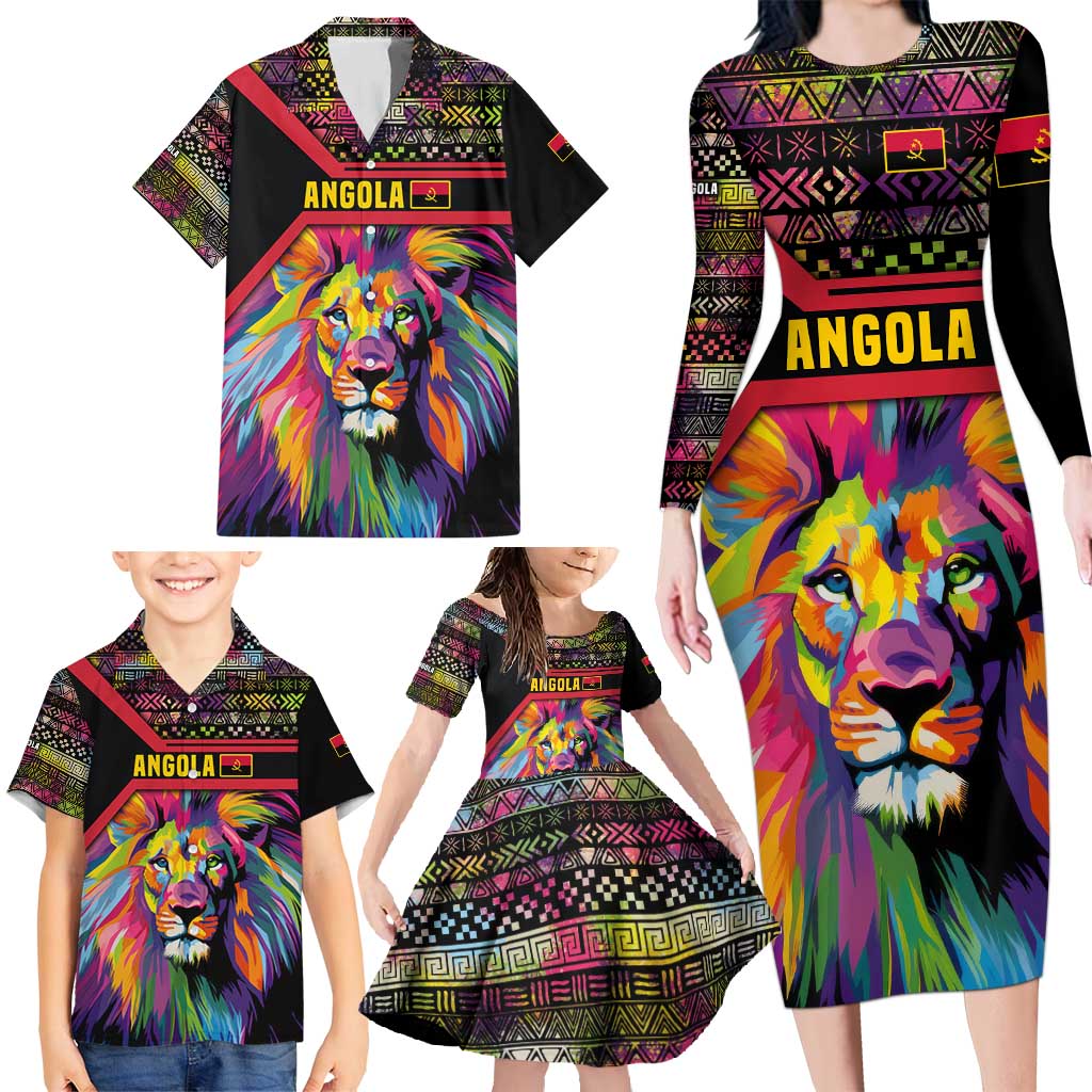 Angola Family Matching Long Sleeve Bodycon Dress and Hawaiian Shirt with Multicolor Tribal Design and Vibrant Lion - Wonder Print Shop