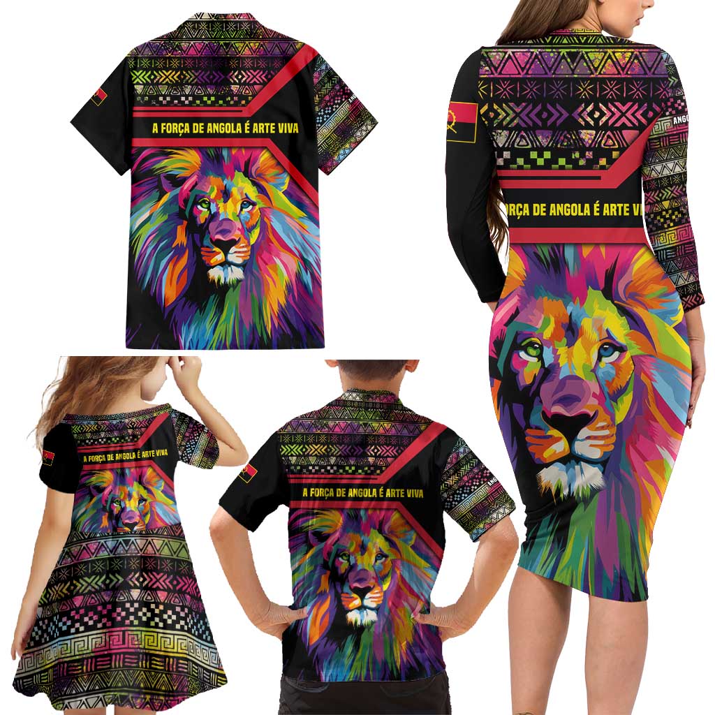 Angola Family Matching Long Sleeve Bodycon Dress and Hawaiian Shirt with Multicolor Tribal Design and Vibrant Lion - Wonder Print Shop