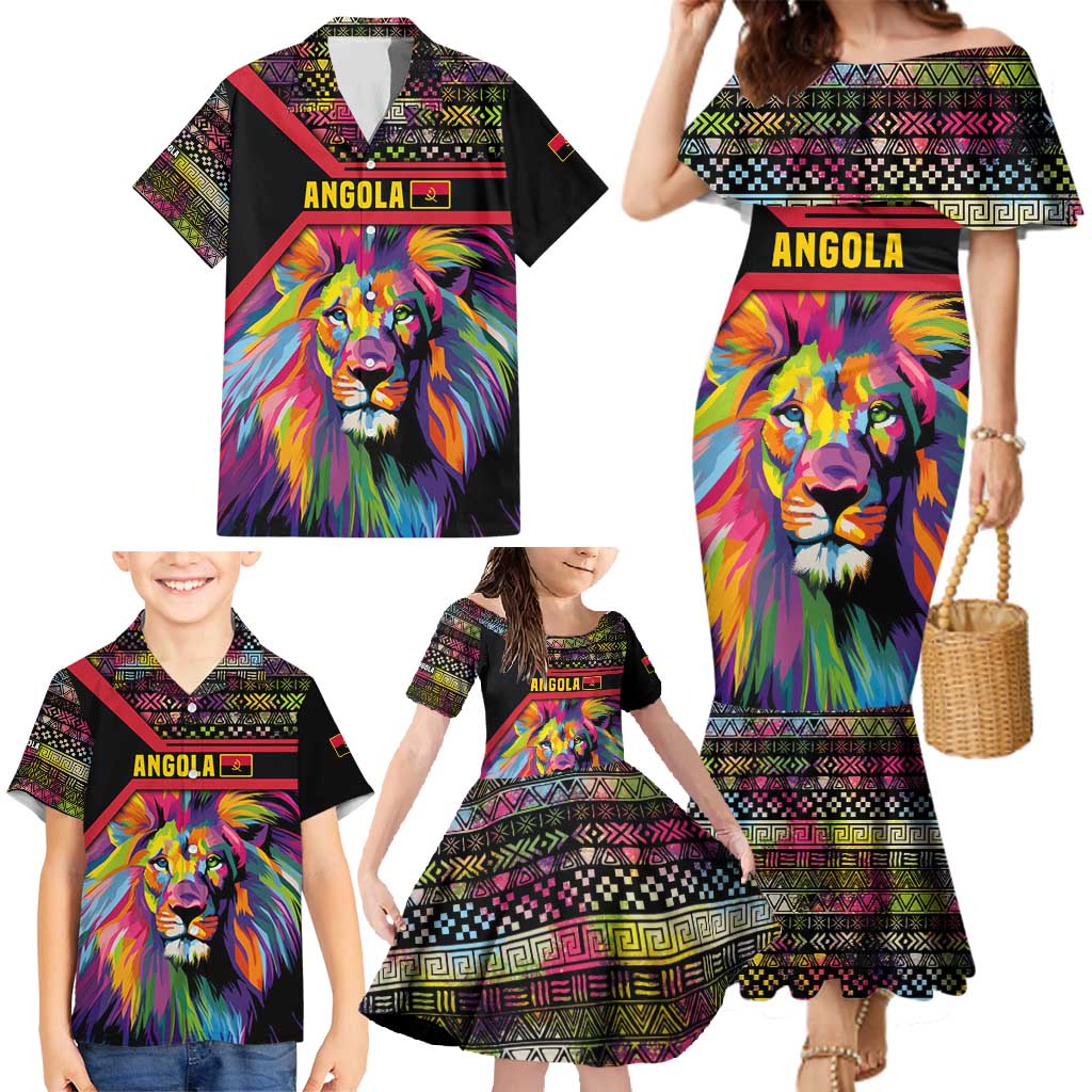 Angola Family Matching Mermaid Dress and Hawaiian Shirt with Multicolor Tribal Design and Vibrant Lion - Wonder Print Shop
