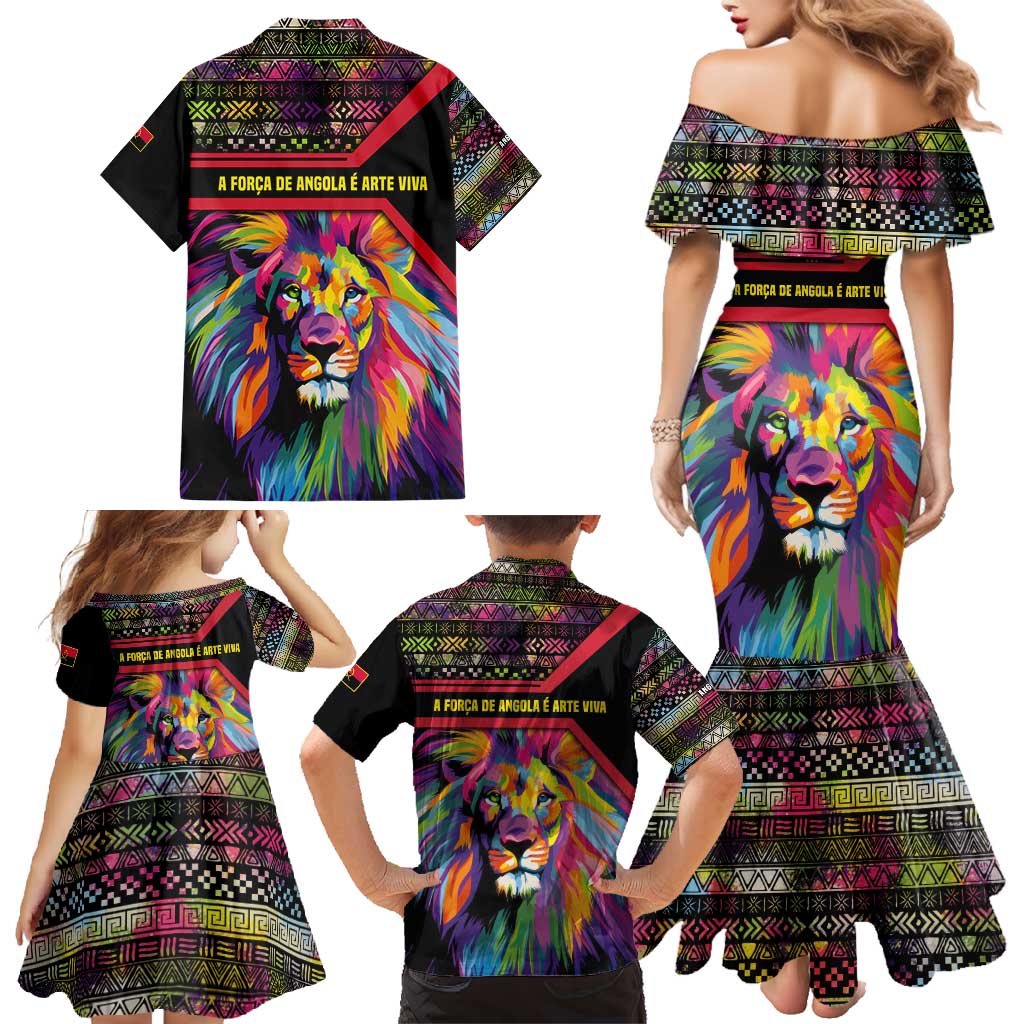 Angola Family Matching Mermaid Dress and Hawaiian Shirt with Multicolor Tribal Design and Vibrant Lion - Wonder Print Shop
