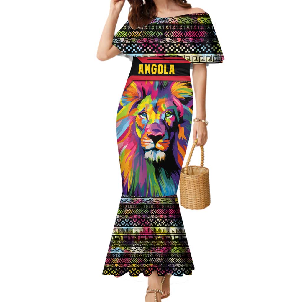 Angola Family Matching Mermaid Dress and Hawaiian Shirt with Multicolor Tribal Design and Vibrant Lion - Wonder Print Shop