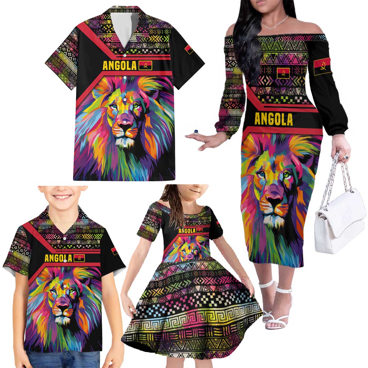 Angola Family Matching Off The Shoulder Long Sleeve Dress and Hawaiian Shirt with Multicolor Tribal Design and Vibrant Lion - Wonder Print Shop