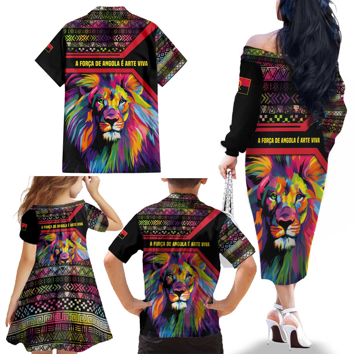 Angola Family Matching Off The Shoulder Long Sleeve Dress and Hawaiian Shirt with Multicolor Tribal Design and Vibrant Lion - Wonder Print Shop