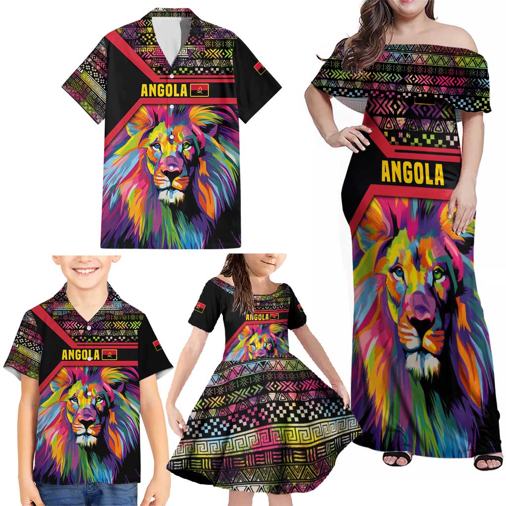Angola Family Matching Off Shoulder Maxi Dress and Hawaiian Shirt with Multicolor Tribal Design and Vibrant Lion - Wonder Print Shop