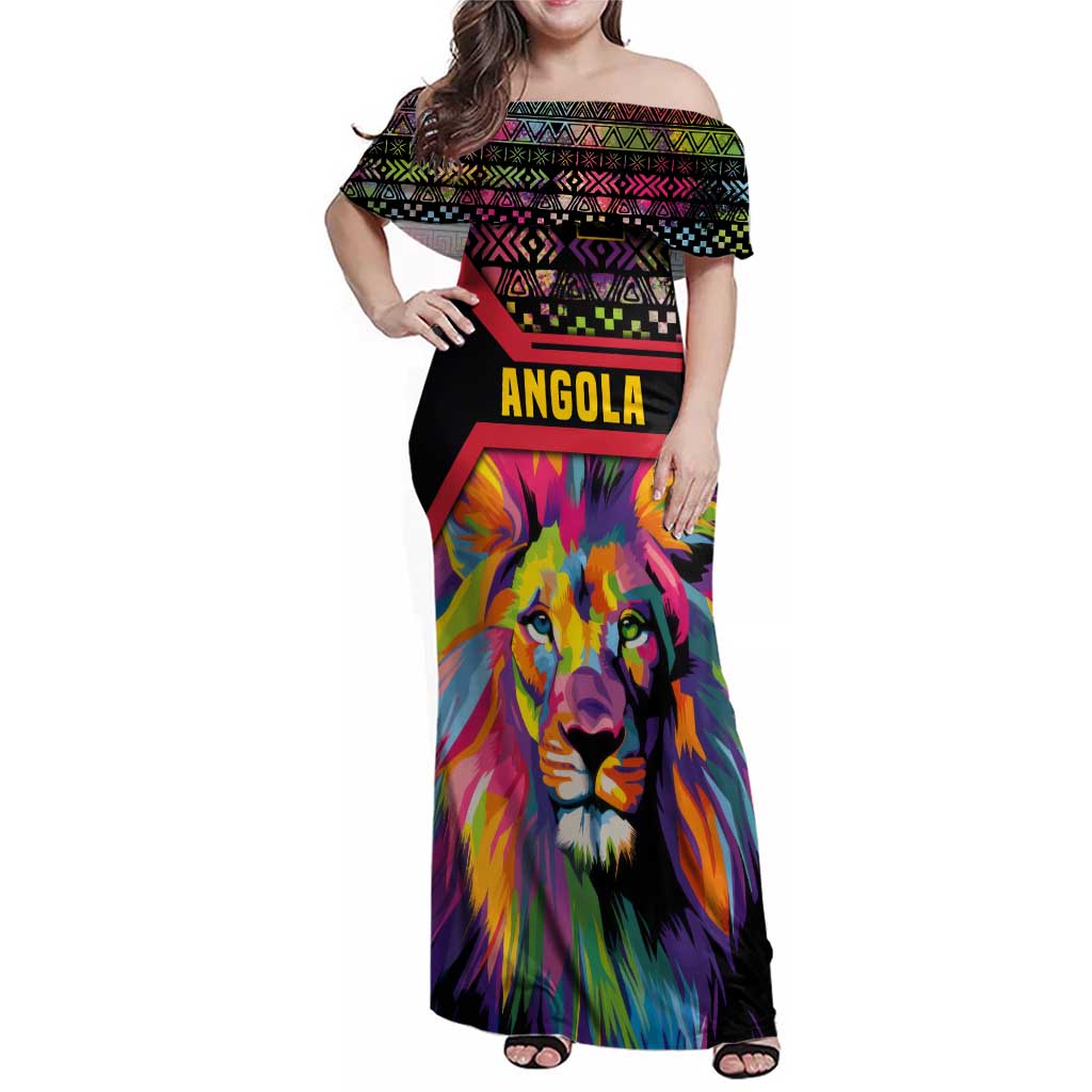 Angola Family Matching Off Shoulder Maxi Dress and Hawaiian Shirt with Multicolor Tribal Design and Vibrant Lion - Wonder Print Shop