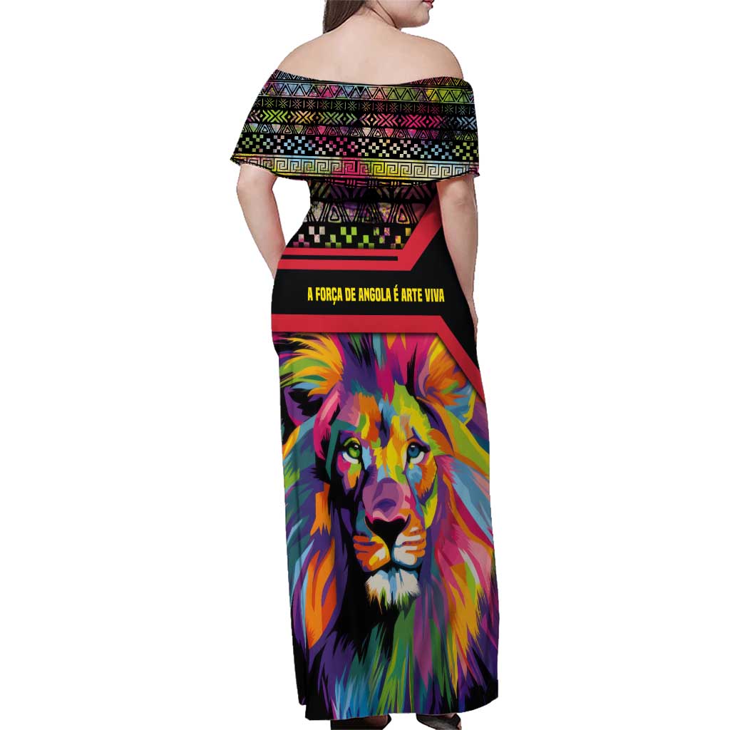 Angola Family Matching Off Shoulder Maxi Dress and Hawaiian Shirt with Multicolor Tribal Design and Vibrant Lion - Wonder Print Shop