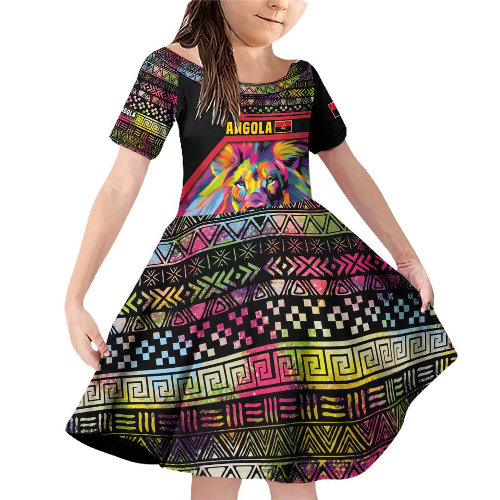 Angola Family Matching Off Shoulder Short Dress and Hawaiian Shirt with Multicolor Tribal Design and Vibrant Lion - Wonder Print Shop