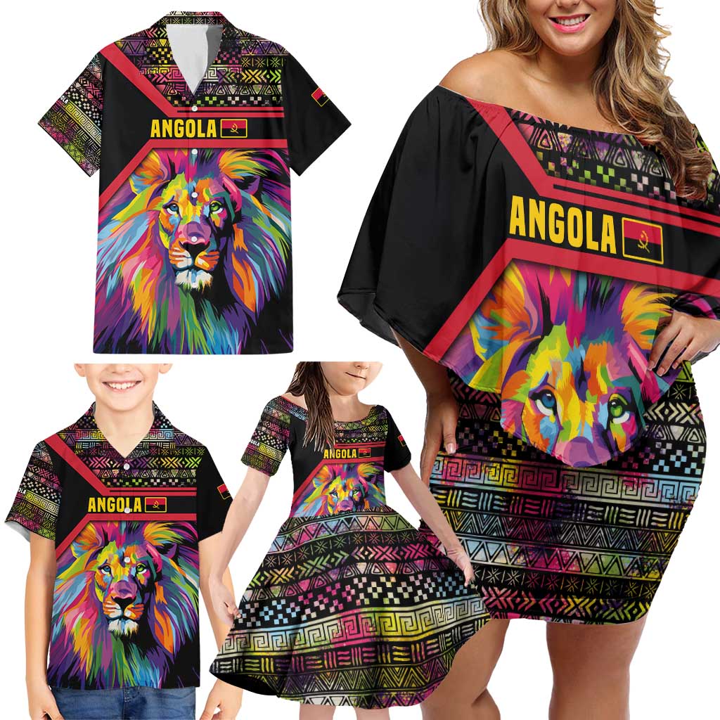 Angola Family Matching Off Shoulder Short Dress and Hawaiian Shirt with Multicolor Tribal Design and Vibrant Lion - Wonder Print Shop