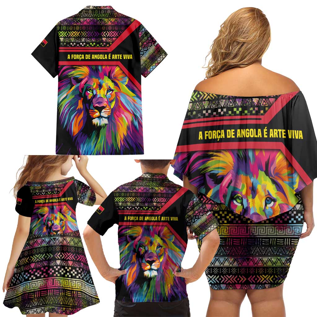 Angola Family Matching Off Shoulder Short Dress and Hawaiian Shirt with Multicolor Tribal Design and Vibrant Lion - Wonder Print Shop