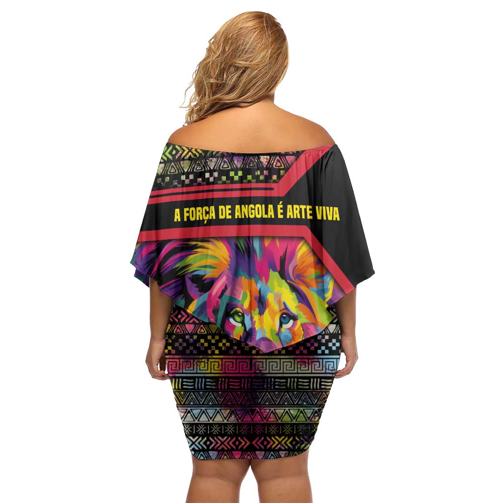 Angola Family Matching Off Shoulder Short Dress and Hawaiian Shirt with Multicolor Tribal Design and Vibrant Lion - Wonder Print Shop