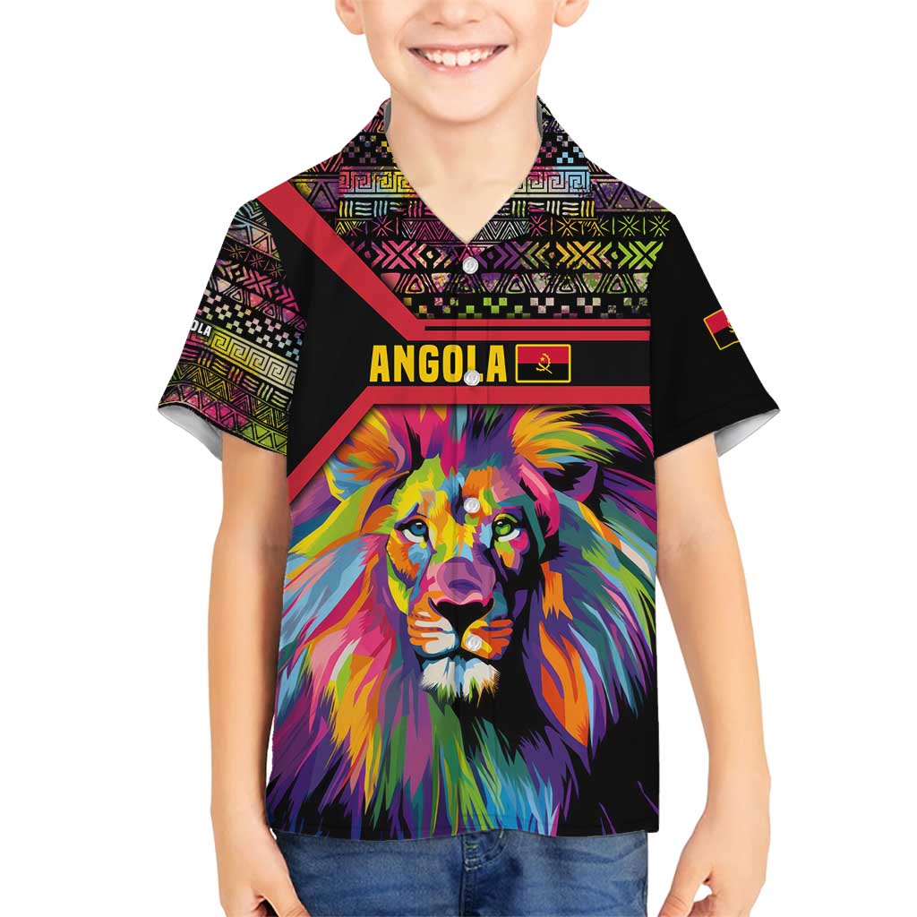 Angola Family Matching Off Shoulder Short Dress and Hawaiian Shirt with Multicolor Tribal Design and Vibrant Lion - Wonder Print Shop