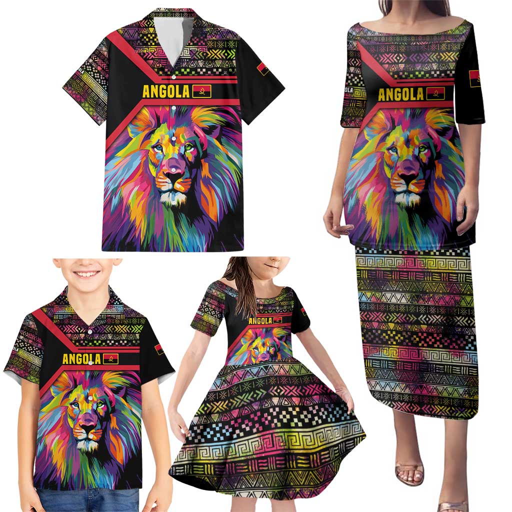 Angola Family Matching Puletasi and Hawaiian Shirt with Multicolor Tribal Design and Vibrant Lion - Wonder Print Shop